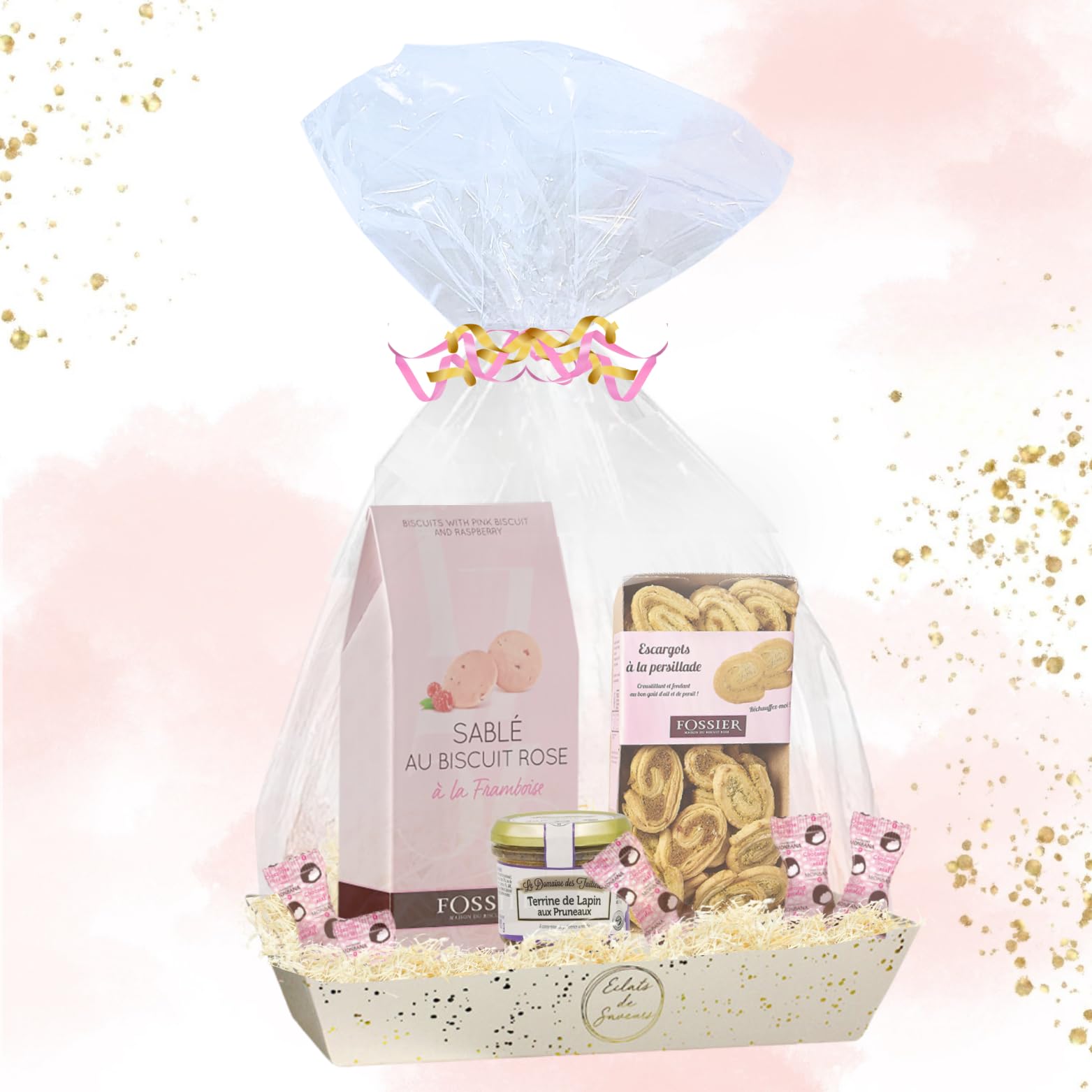Corbeille FOSSIER-MONBANA : biscuits, guimauves, Terrine et Feuilletés | Terrine, feuilletés salés et biscuits roses de Reims Fossier - cadeau fête des Mères, fête des Pères, anniversaire, femme