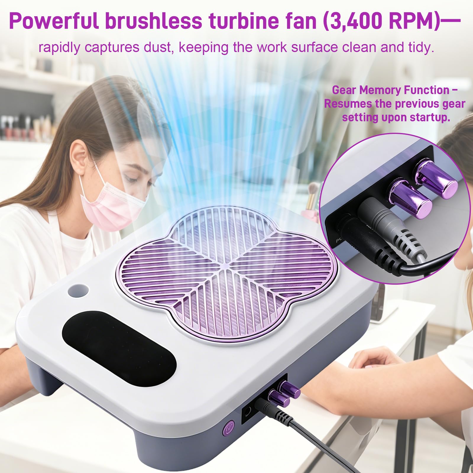 Dispositivo de uñas 4 en 1, con torno profesional (18.000 rpm), 6 cabezales de lijado y cabezal removedor, lámpara UV/LED potente, aspirador integrado (3.400 rpm), ideal para uso en salón y en casa