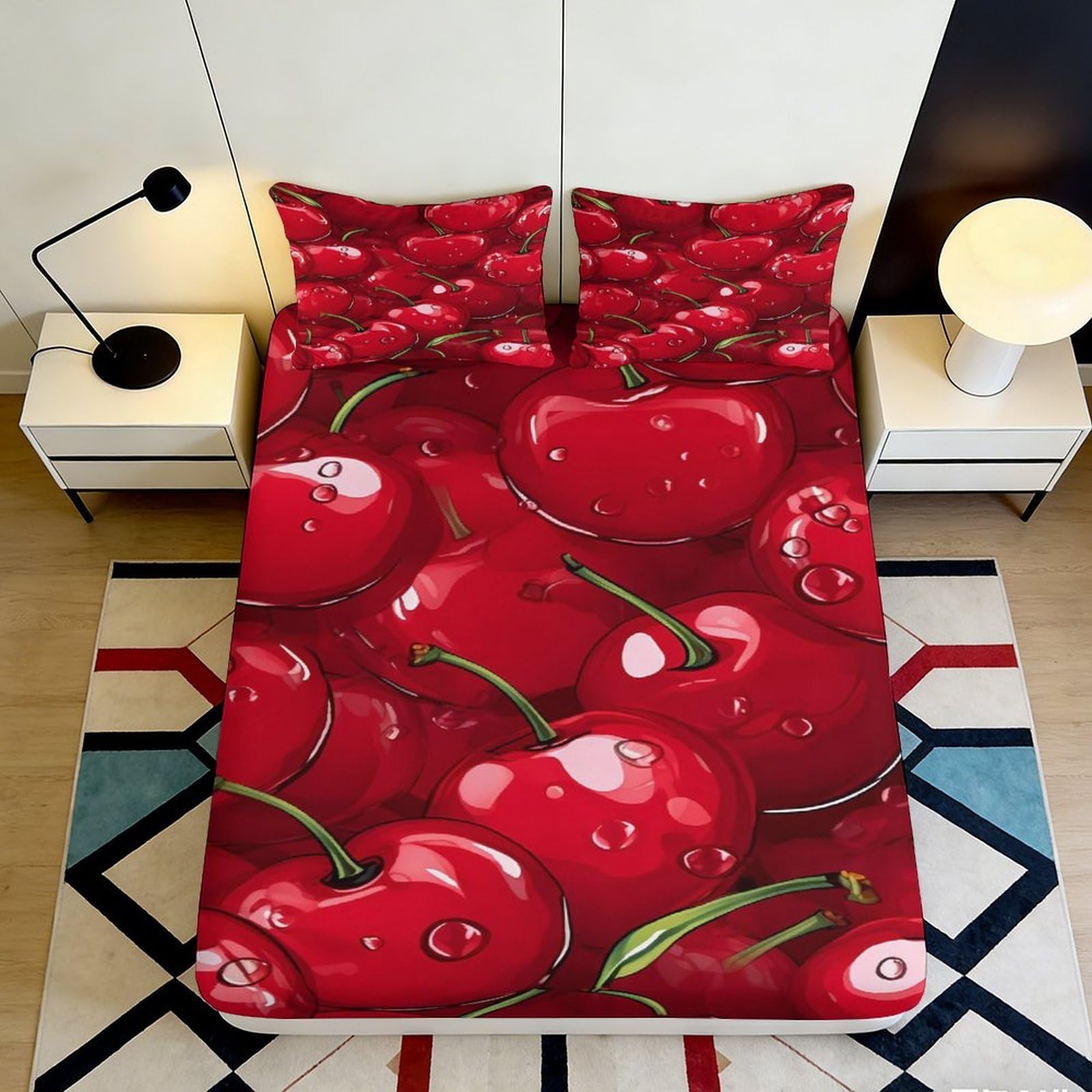3D Printed Cherry Fitted Sheet Microfiber Soft Breathable Red Fruit Bed Sheet for Bedroom Dormitory Guest Room Mattress Protection Decor 200x200x25cm