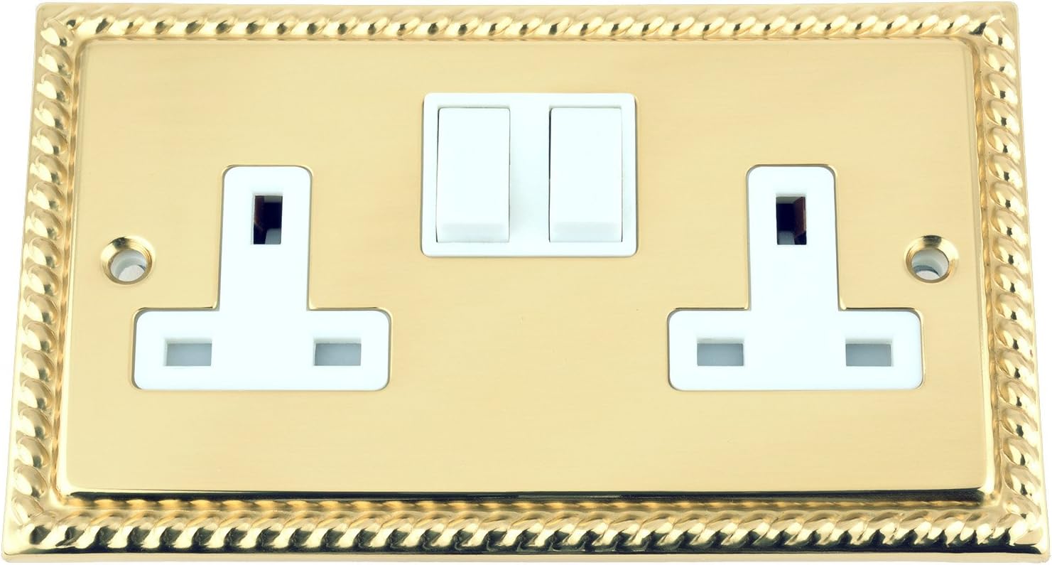 A5 Products Socket 2 Gang - Polished Brass Georgian - White Insert Plastic Switch - 13A Double Wall Plug Socket