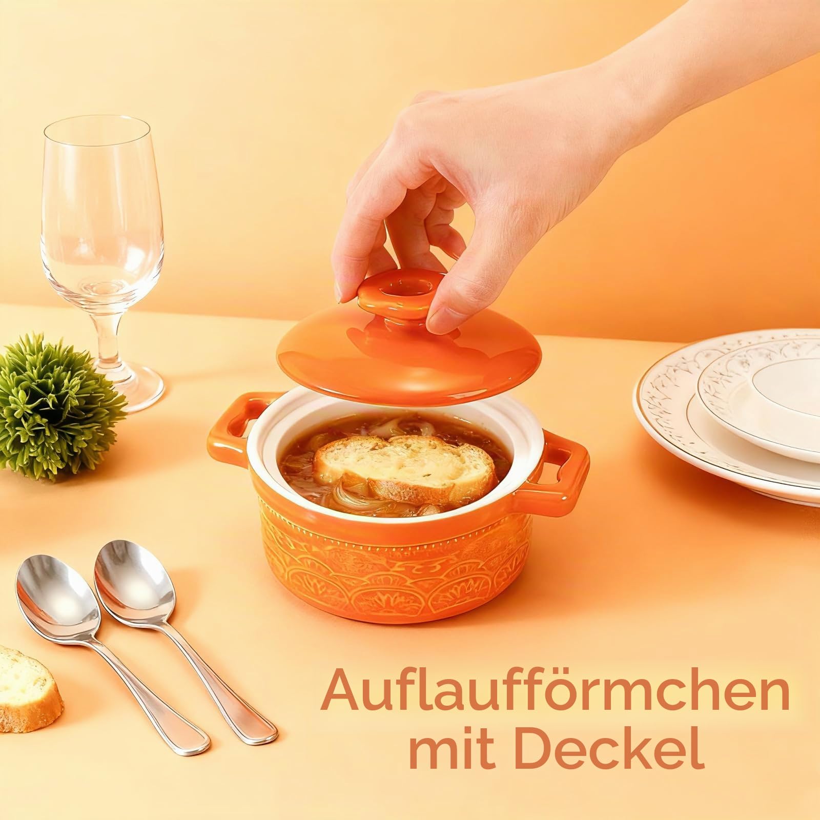 Hacaroa Set mit 6 Mini-Kokotte-Auflaufförmchen mit Deckel, 237 ml, Keramik-Auflaufförmchen mit Griffen, kleine Auflaufformen, individueller Serviertopf zum Backen, Soufflé, Suppe, Schuster, ofenfest,