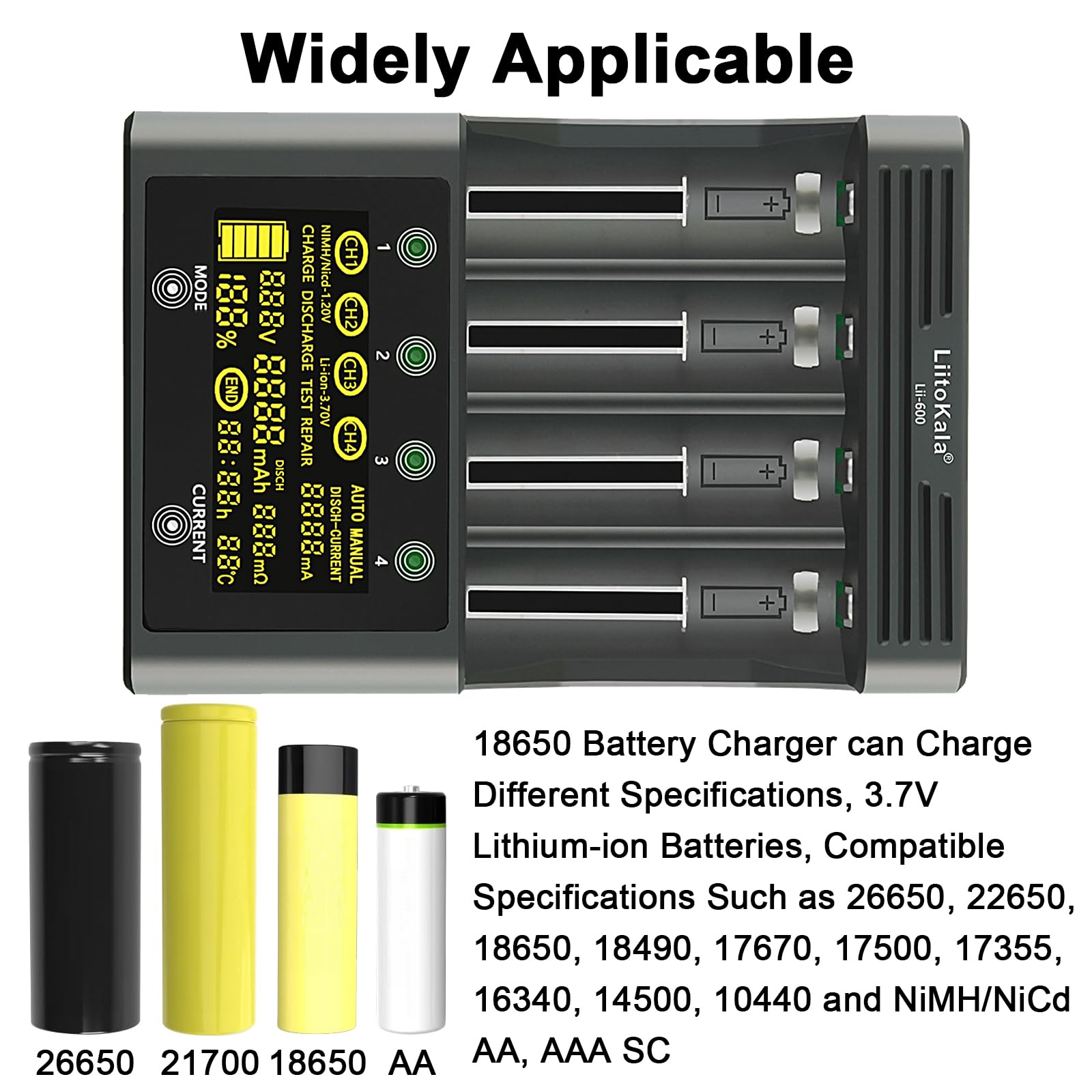 Liitokala Lii-600 Szybka ładowarka do baterii z wyświetlaczem LCD i sterowaniem dotykowym, 4-gniazdowa ładowarka do akumulatorów 18650 z adapterem 12V5A do Li-Ion/Ni-MH/Ni-Cd 14500 21700 AA AAA