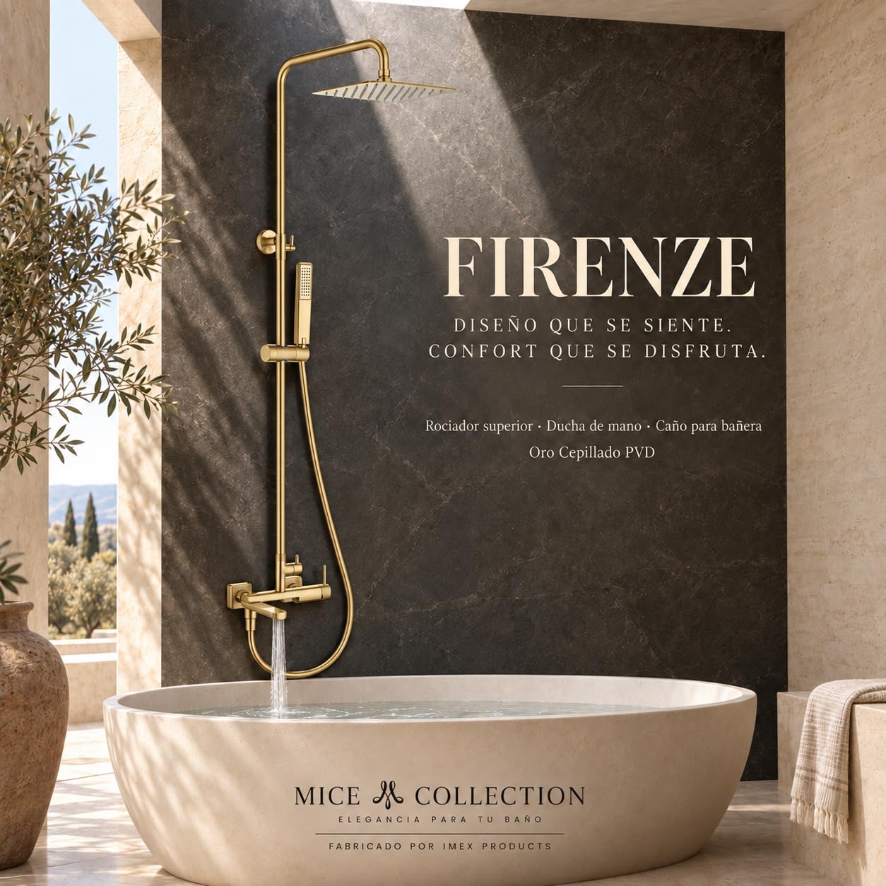 Columna de ducha para bañera monomando Firenze Oro Cepillado PVD