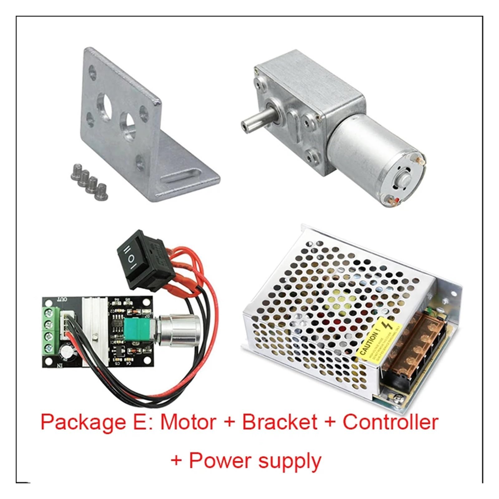 Motorreductor de tornillo sin fin JGY370 DC 6V 12V 24V + Soporte + Controlador de velocidad + Fuente de alimentación + Engranaje metálico(12V 50RPM,Package C)