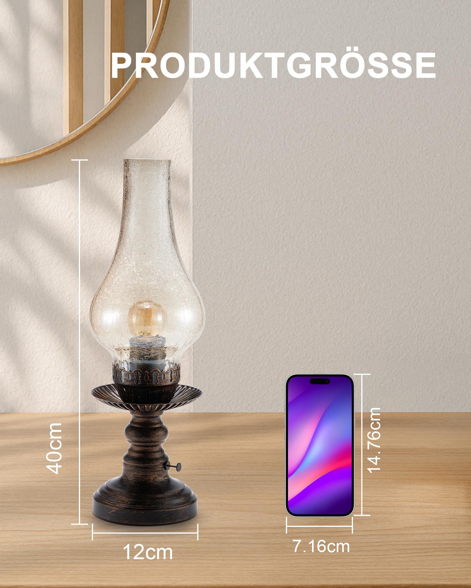 Kabellos Tischlampe Vintage Tischleuchte Ohne Kabel Akku Aufladbar | Touch Dimmbar, LED Keine Glas Lampe, Retro Antik Nachttischlampe Schlafzimmer Wohnzimmer Fensterbank Landhaus Deko