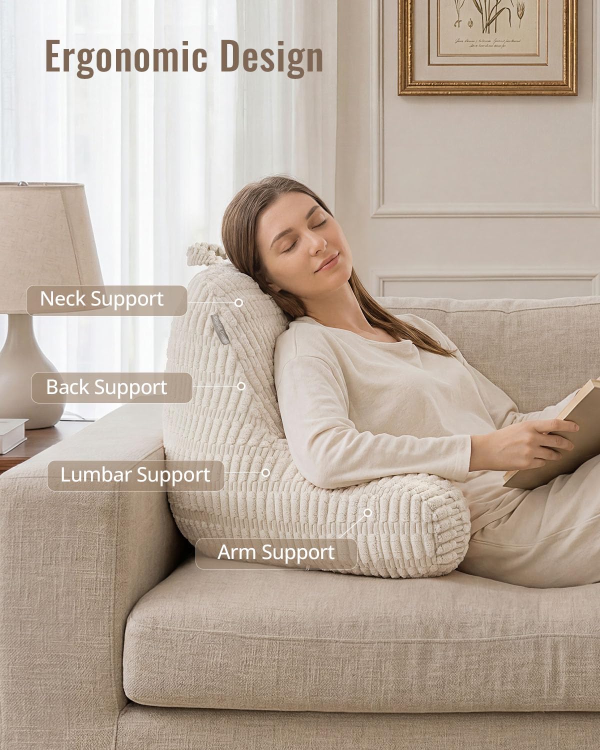 Blissful Diary Almohada de lectura, elegante almohada de cama con espuma viscoelástica triturada para respaldo de niños y adultos, almohada de espalda para cama y sofá sentado con brazos y bolsillos y
