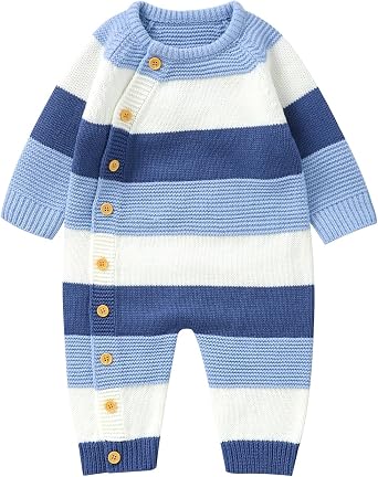 Yoawdats Toddler Baby Girl Boy Stripe Knit Sweater Romper Round Neck Long Sleeve Jumpsuit Fall Winter Warm Clothes