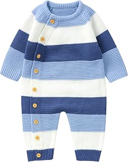 Newborn Girl Boy Striped Sweater Romper Fall Outfit Winter Warm Full Length Long Sleeve Button Up Knitted Jumpsuit