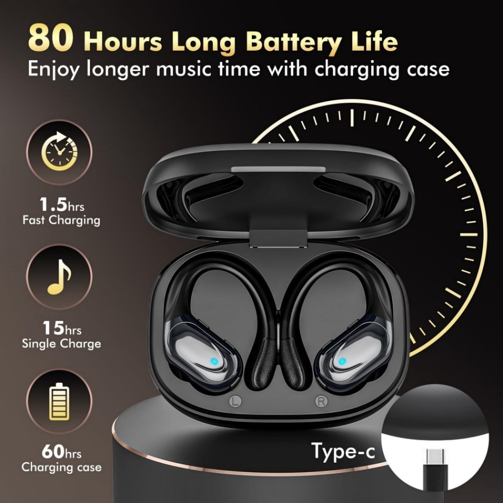 HAOYUYAN Écouteurs sans fil, écouteurs Bluetooth de sport, 80 heures de lecture, avec affichage de l'alimentation LED, casque antibruit, écouteurs étanches IPX7 pour entraînement/course à pied