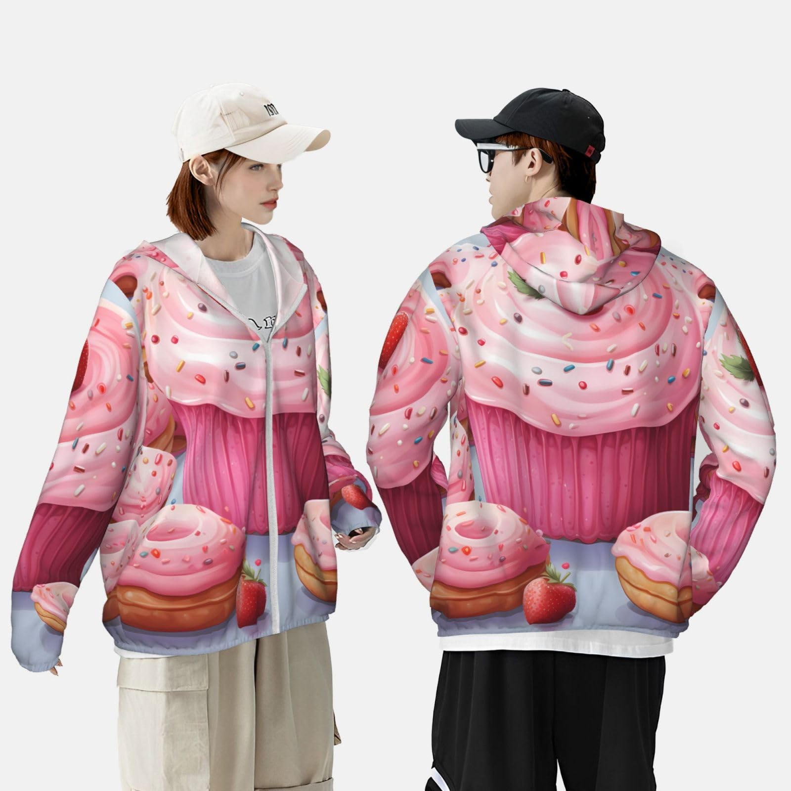 NONHAI Men's Sun Protection Jacket UPF 50+ Full Zipper Long Sleeve UV Hoodie Shirt Donut and Cupcake Women's Outdoor Jacket Black