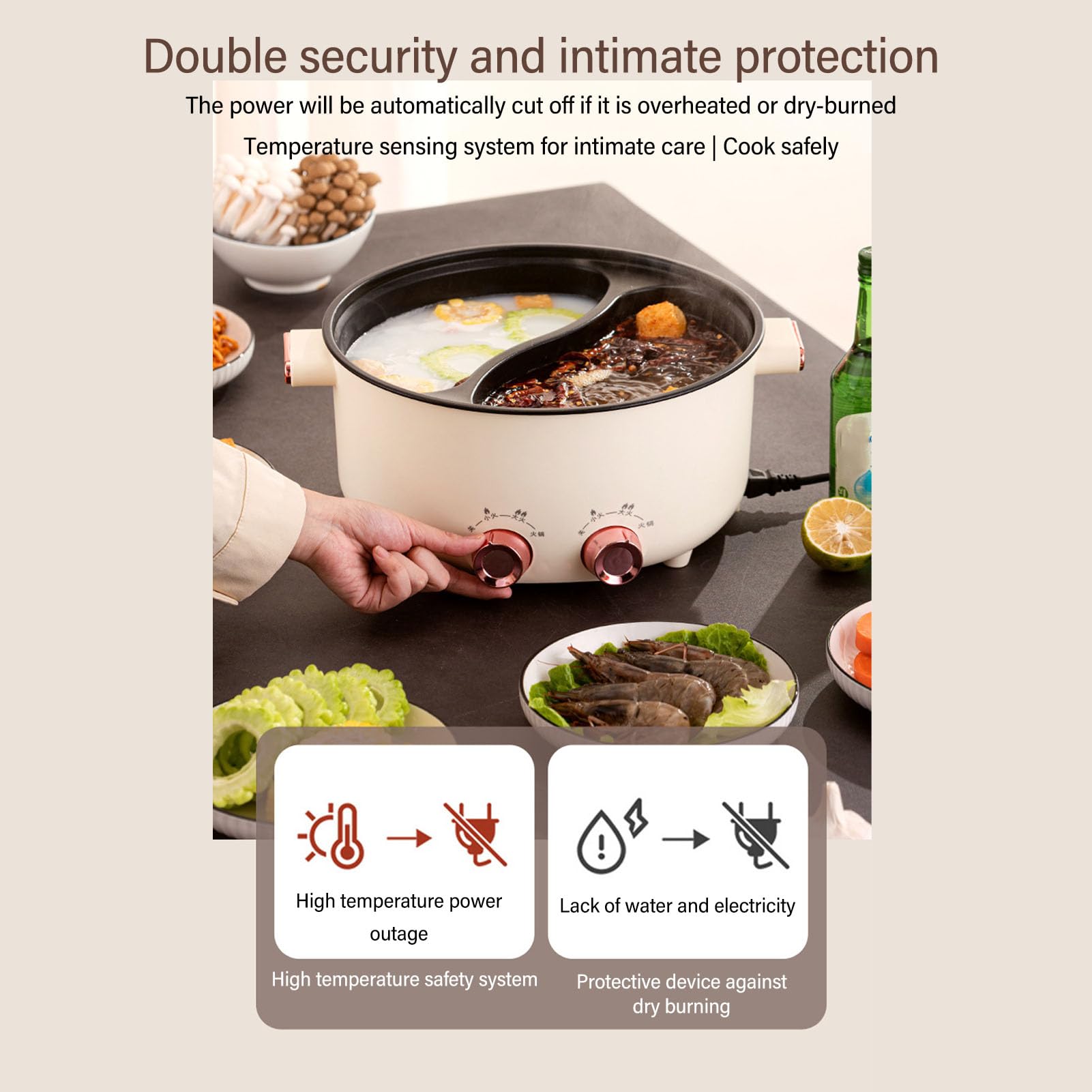 Luocute Hotpot Eléctrico con Divisor 7l Gran Capacidad Doble Sabor Doble Hot Hot Dual -Side 2 Temp Temp Sabtings por Lado para Cocinar Freing Beige