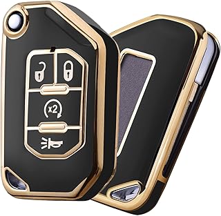 ELOHEI Key Fob Cover for Jeep,Soft TPU Key Fob Case Protector Holder Shell Compatible with 2018-2021 Jeep Gladiator JT Sahara JLU Jeep Wrangler JL JLU Rubicon (Gold Edge Black)