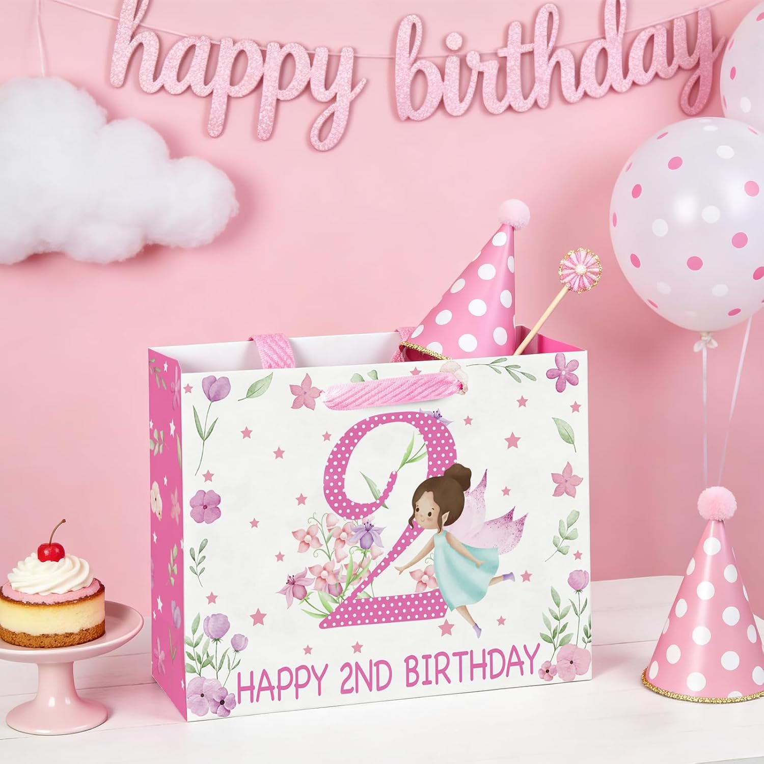 WRAPAHOLIC 13" Large Fairy 2nd Birthday Gift Bag with Tissue Paper - Pink Flower Fairy Paper Bags for Two Year Old Girls Birthday Party image 4