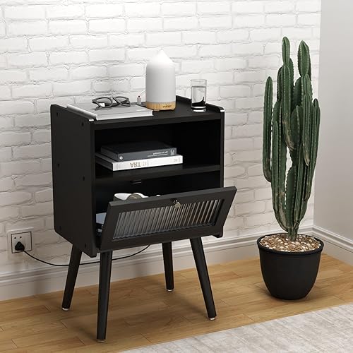 Miniatura 15 de Mesita de noche moderna de mediados de siglo con estación de carga, mesitas de noche con puerta de cristal, mesa auxiliar con espacio de Gris