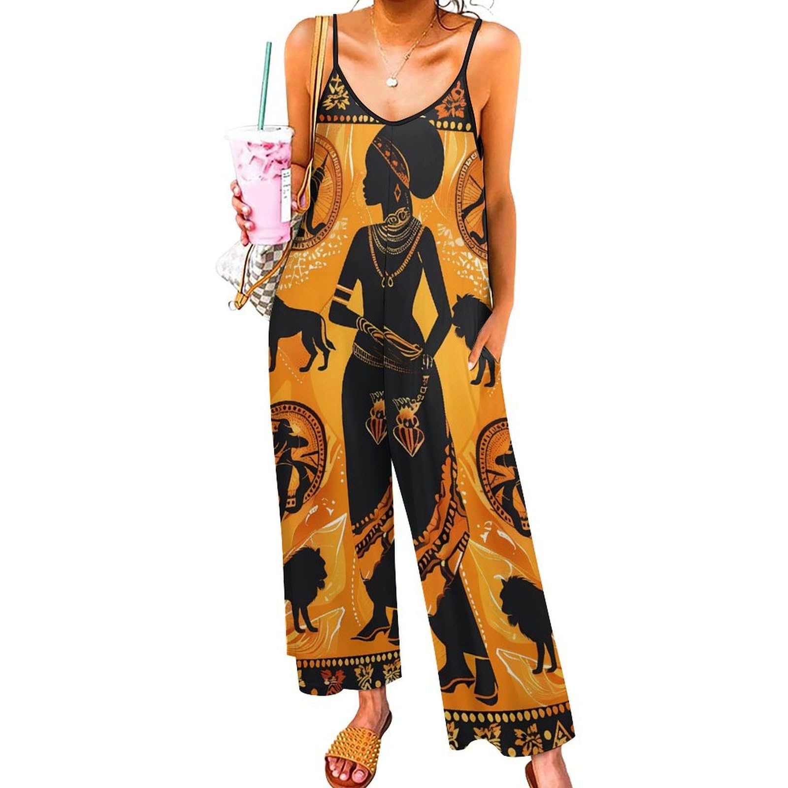 African Traditional Women And Animals Loose Jumpsuits for Women One Piece Long Sleeve V-neck Long Pant Rompers with Pockets