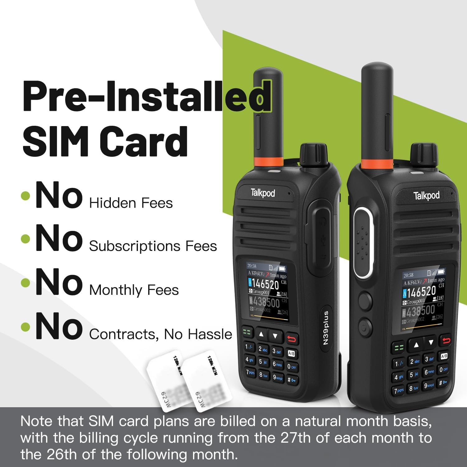 Talkpod N39plus radios with SIM cards, emphasizing no hidden fees or contracts.