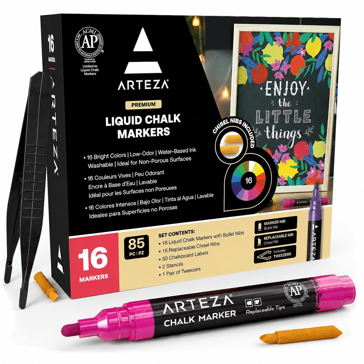 ARTEZA Kreidestift Set, 16 Kreidemarker in 16 hellen Farbtönen, 16 austauschbare Keilspitzen, 1 Pinzette, 50 Etiketten, 2 Schablonen, ungiftig, wasserbasiert und löschbar, für viele Oberflächen