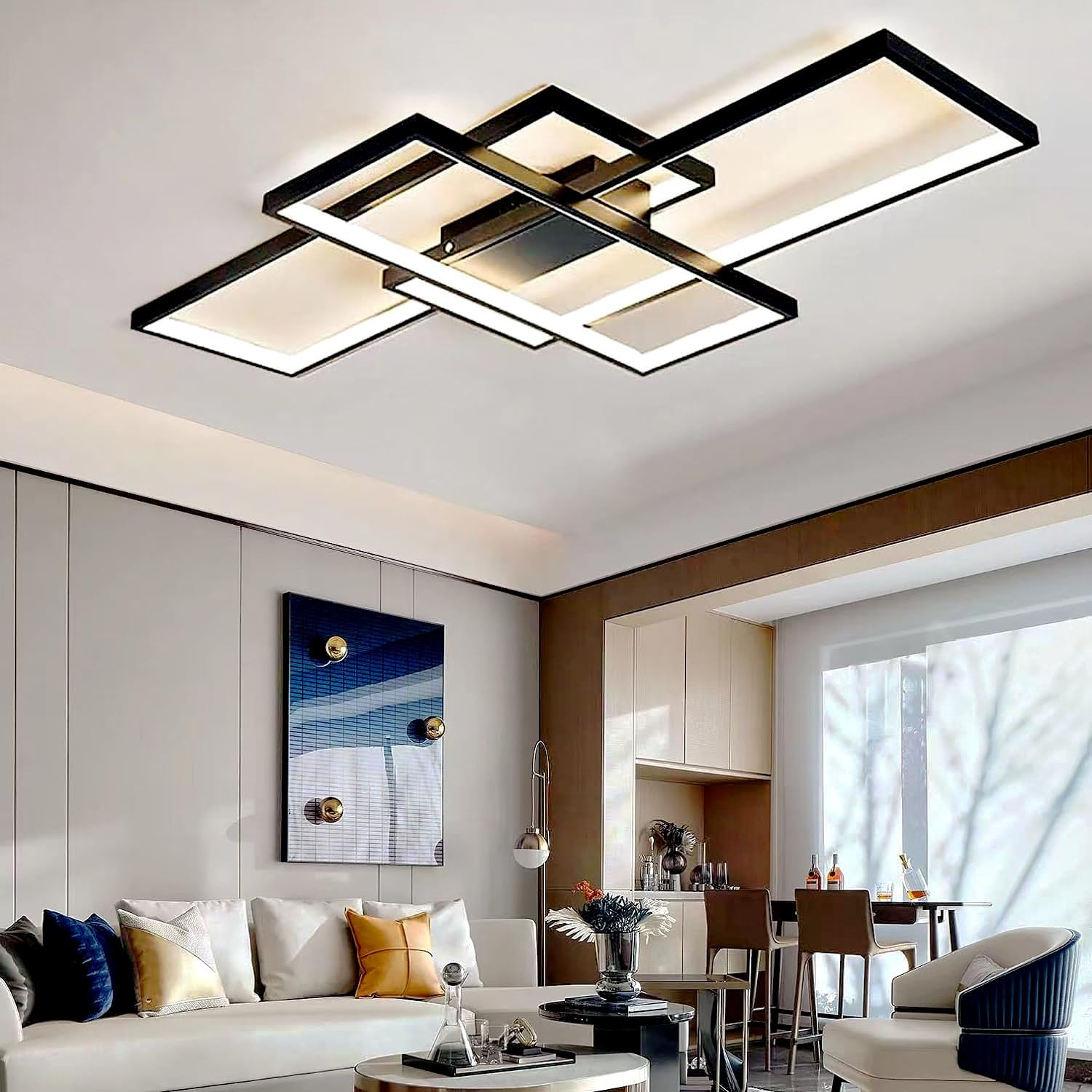 ASJK Lampadari LED a Soffitto Moderni 105W con Telecomando, Lampadario a LED Multifunzionale Geometrico 3000K-6000K per soggiorno (140 cm, Nero)