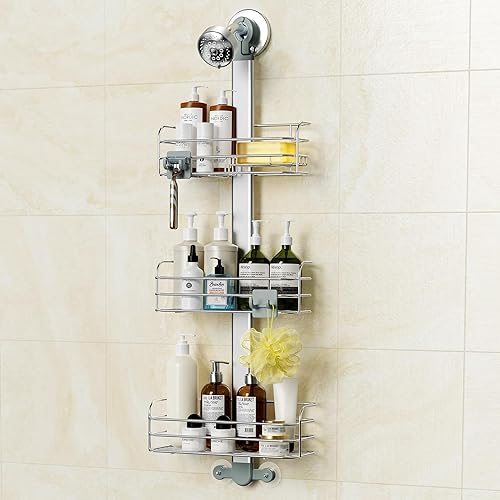 Miniatura 8 de Thideewiz Organizador de ducha colgante de 3 niveles, organizador de ducha plateado inoxidable sobre la cabeza con soporte de jabón integrado,