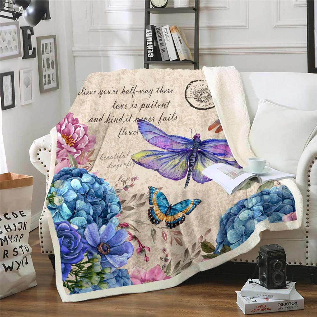 Erosebridal Butterfly Throw Blanket Colorful Flowers Blanket,Boho Floral Succulent Plant Botanical Fleece Blanket Dragonfly Garden Decor 40"x50" Blankets,Dragon Fly Gifts Dragonfly Graduation Gifts