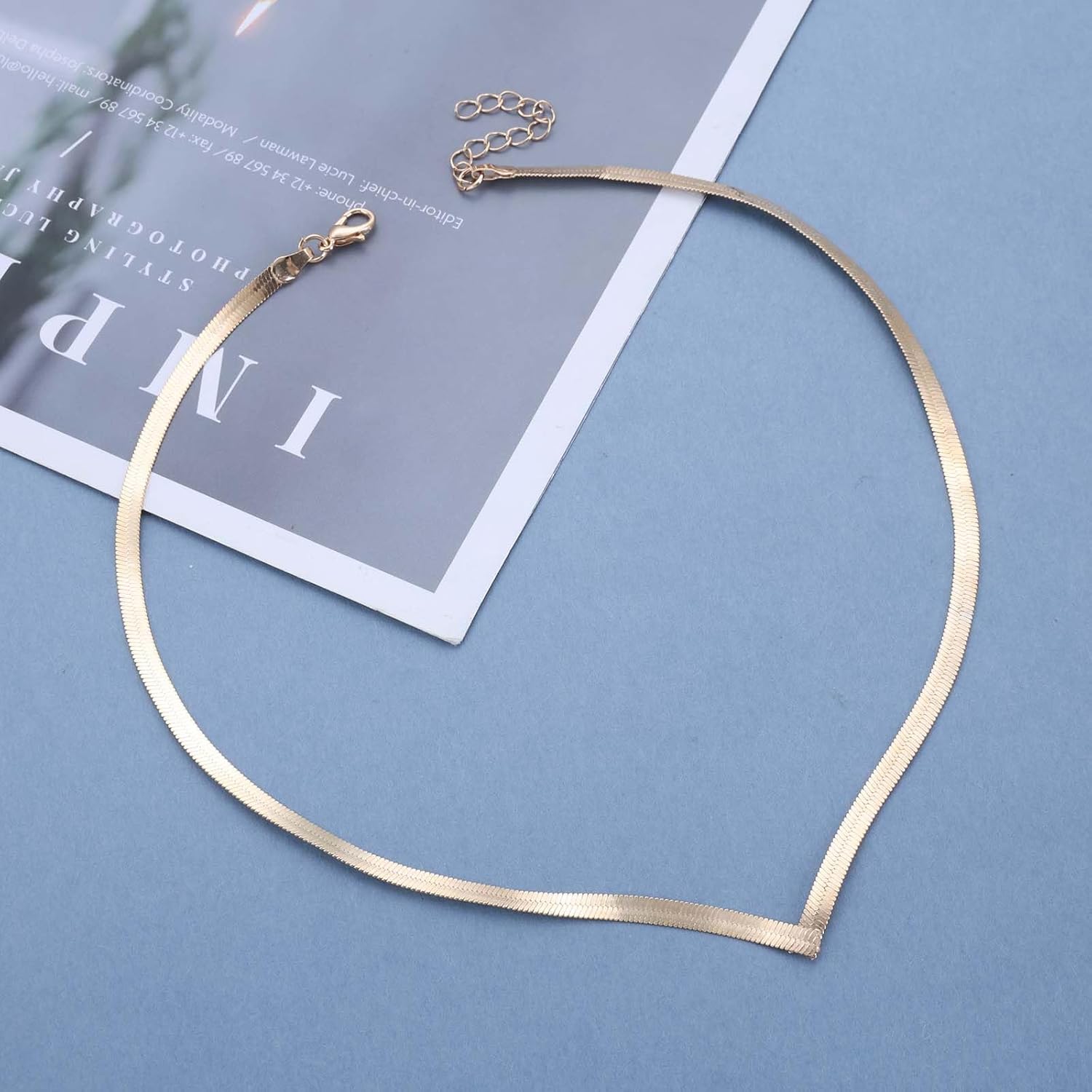 Vintage Snake Chain Choker Flat Snake Necklace Gold V Chain Choker Herringbone Necklaces V Shape Necklace for Women (Gold) - Image 3