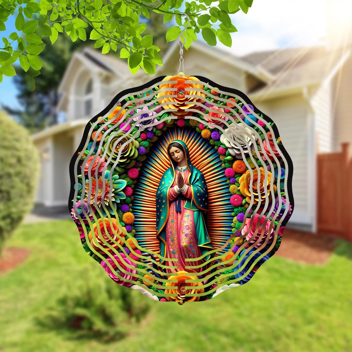 Virgin Mary - Molinillo de viento de metal para exteriores/interiores, decoración de jardín colgante de Virgen María para exteriores, molinillos de viento de acero inoxidable para patio y jardín, 10