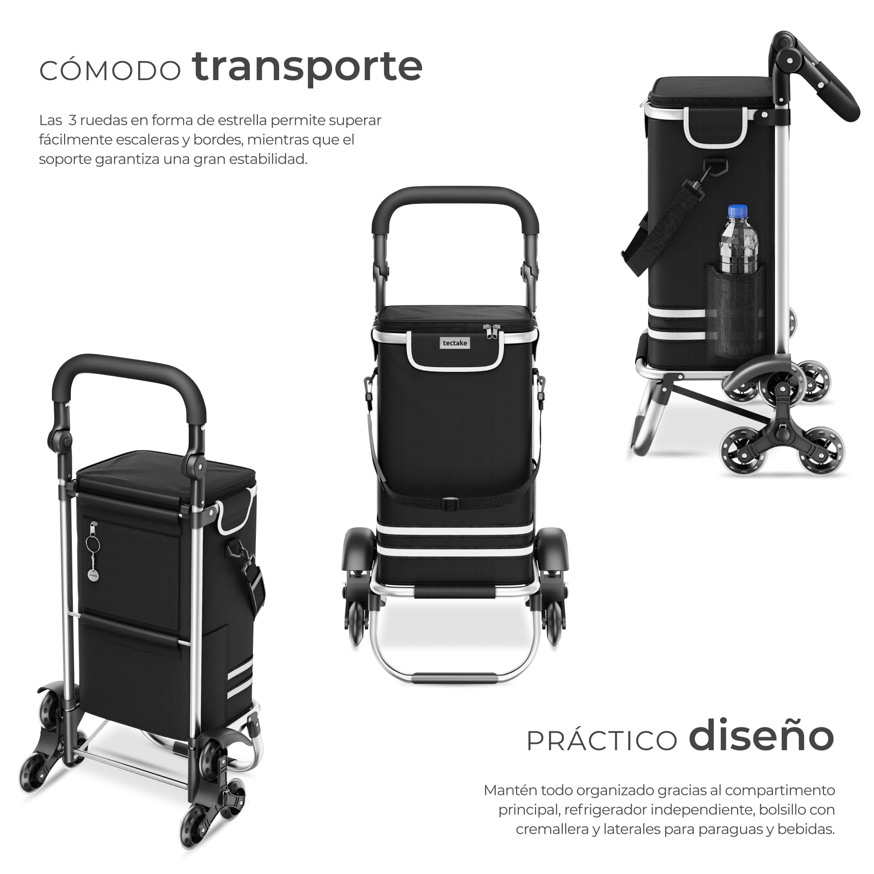 tectake® Carro de la Compra Plegable con Bolsa Termica, Carrito Compra 3 en 1 con 6 Ruedas, Capacidad 56L, Carro Plegable con Ruedas de Estrella para Supermercado y Viajes - Negro