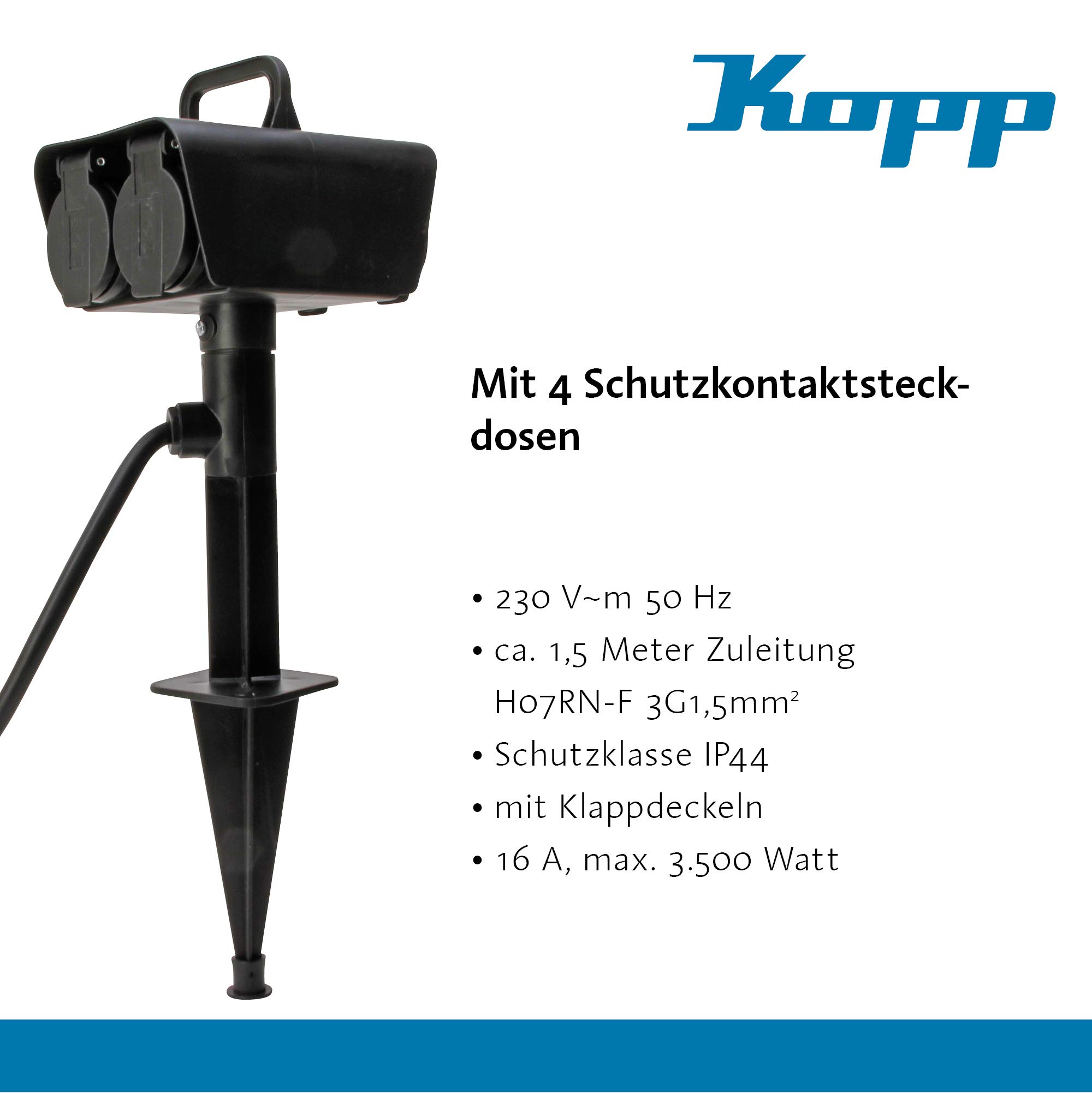 Kopp Enchufe exterior con 4 enchufes de protección de contacto 230 V, Jardín de exterior con cable de 1.5 m , Pincho de jardín enchufe exterior