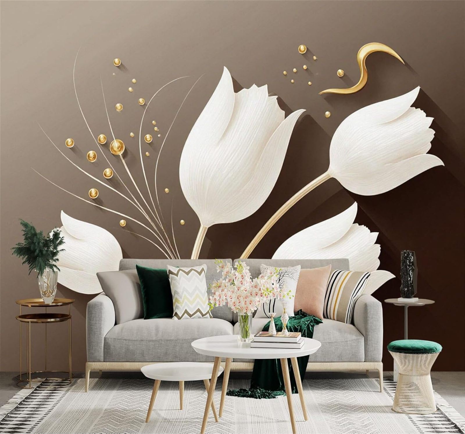 XLMING Minimalist White Tulip Flowers Gold Accents Brown 3D Wallpaper Silky Texture Home Study Office Grey Dining Room Sofa Bedroom Living Room TV Backdrop-200cm×140cm