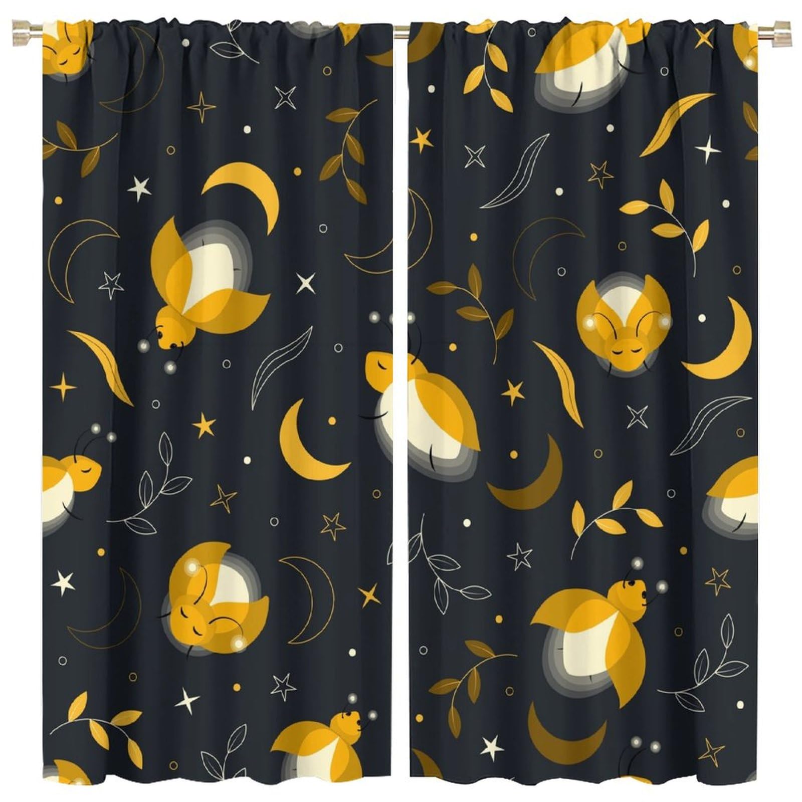 Firefly Blackout Window Curtain,Cute Cartoon Fireflies, Moon, Stars and Leaves for Baby Boys Bedroom Nursery Children Drapes 2 Panels 63x63in