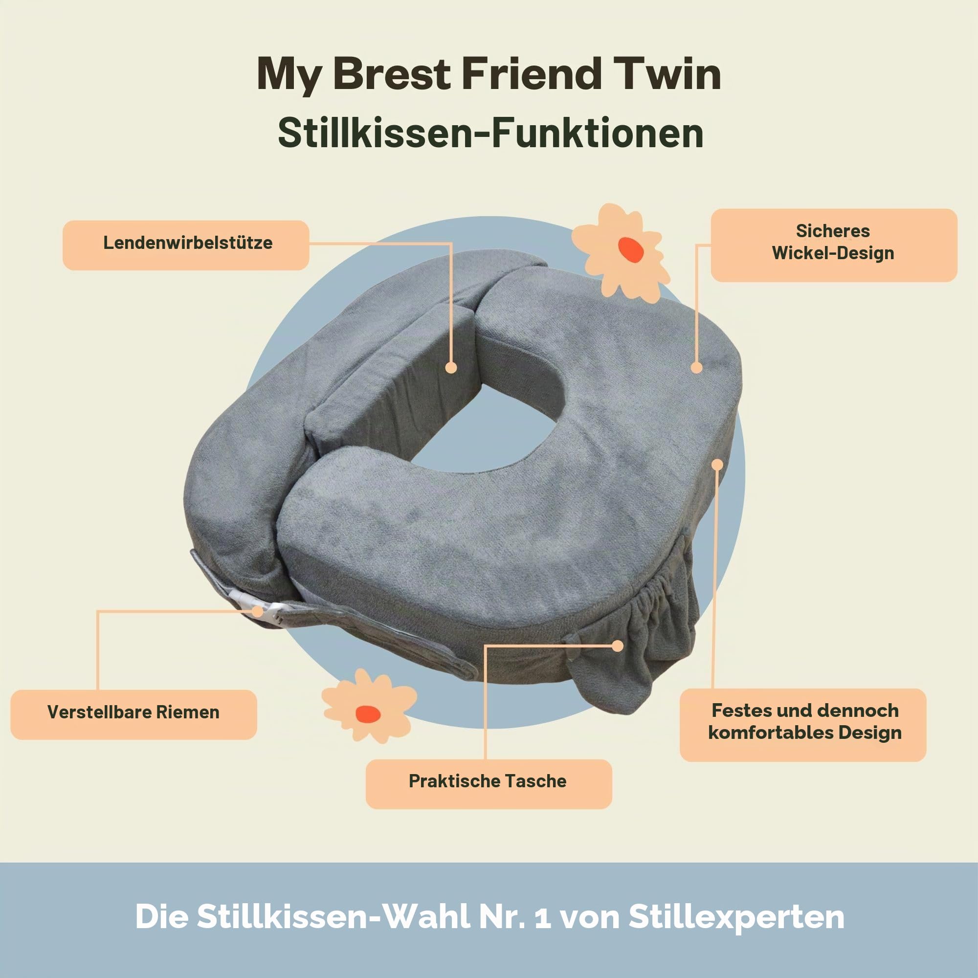 My Brest Friend Doppel-Stillkissen – verbesserter Komfort mit Schonbezug – ultimative ergonomische Unterstützung beim Stillen – Verstellbarer Gurt und geräuschlose Schnalle mit praktischer