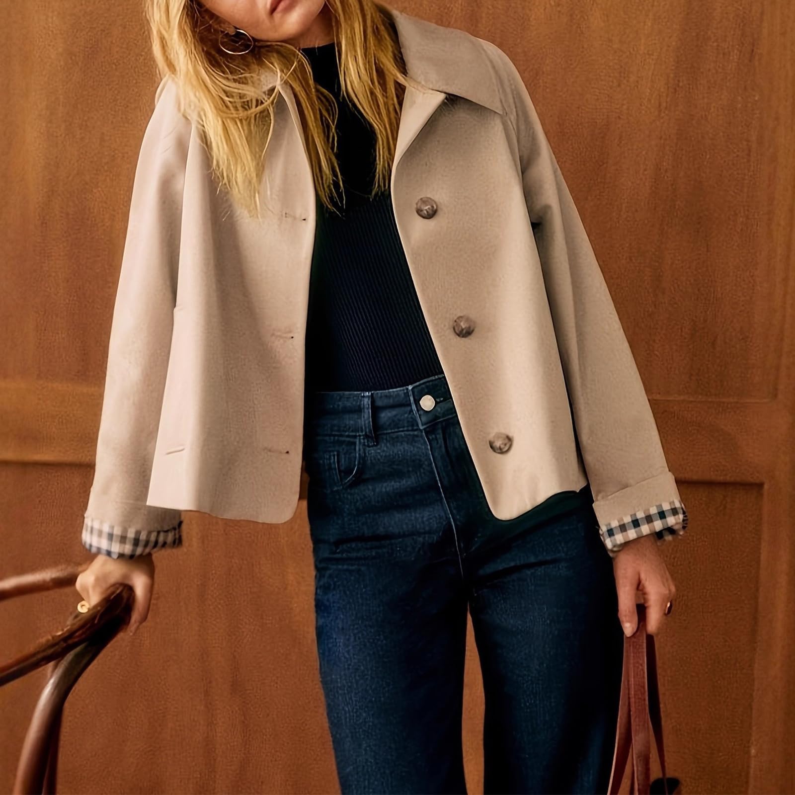 Trench court classique à simple boutonnage avec col à revers pour femme pour le printemps et l'automne