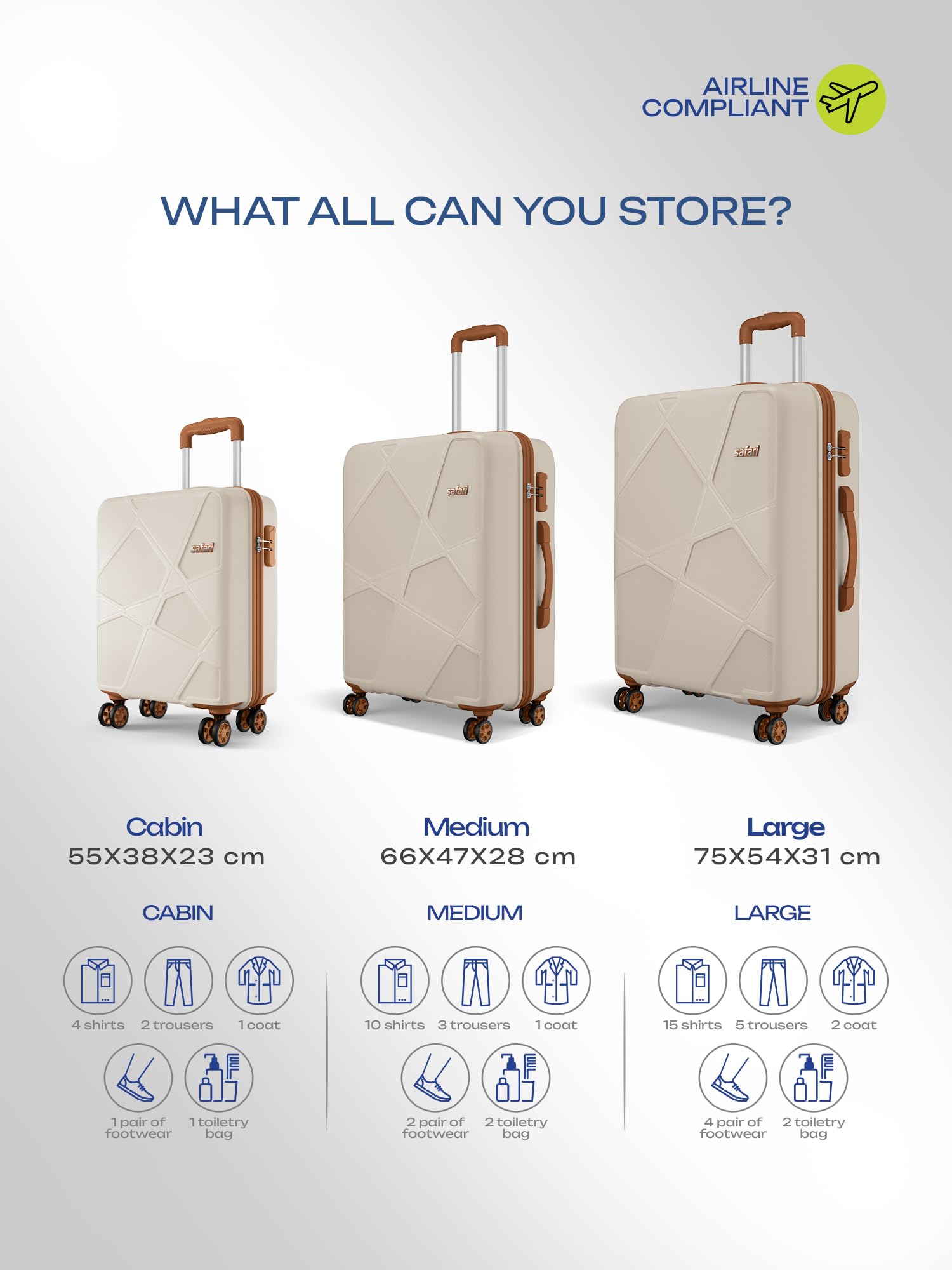Safari Pentagon Pro 8 Wheels Set of 3, (Cabin + Medium + Large) Trolley Bag, Hard Case Polypropylene, 360º Wheeling Luggage, Suitcase for Travel, Trolley Bags for Travel, Luxury Beige — Amazon image 6