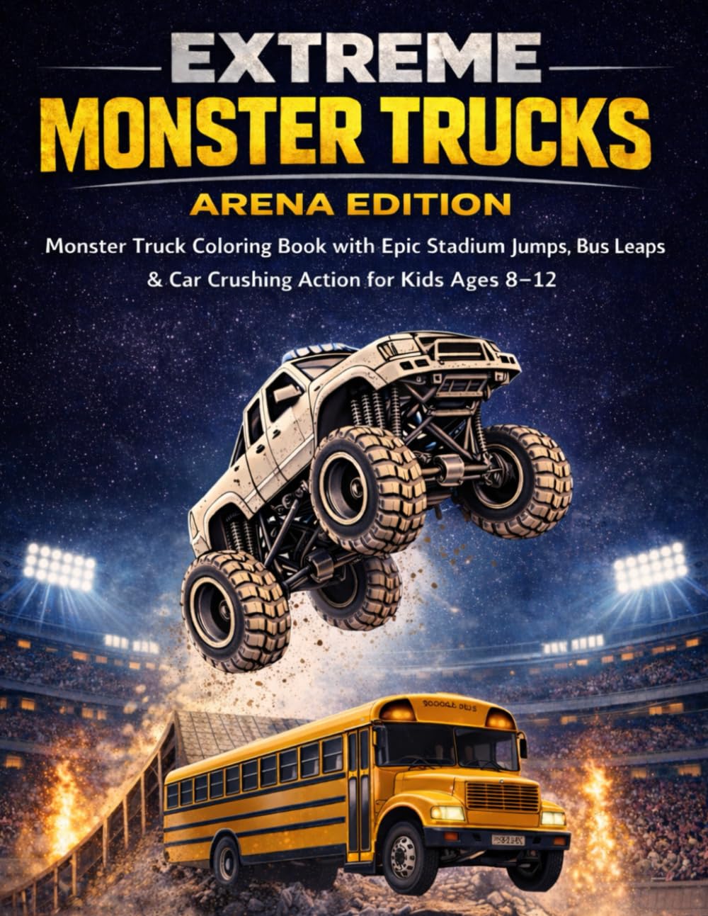 EXTREME MONSTER TRUCKS: ARENA EDITION Monster Truck Coloring Book with Epic Stadium Jumps, Bus Leaps & Car Crushing Action for Kids Ages 8–12