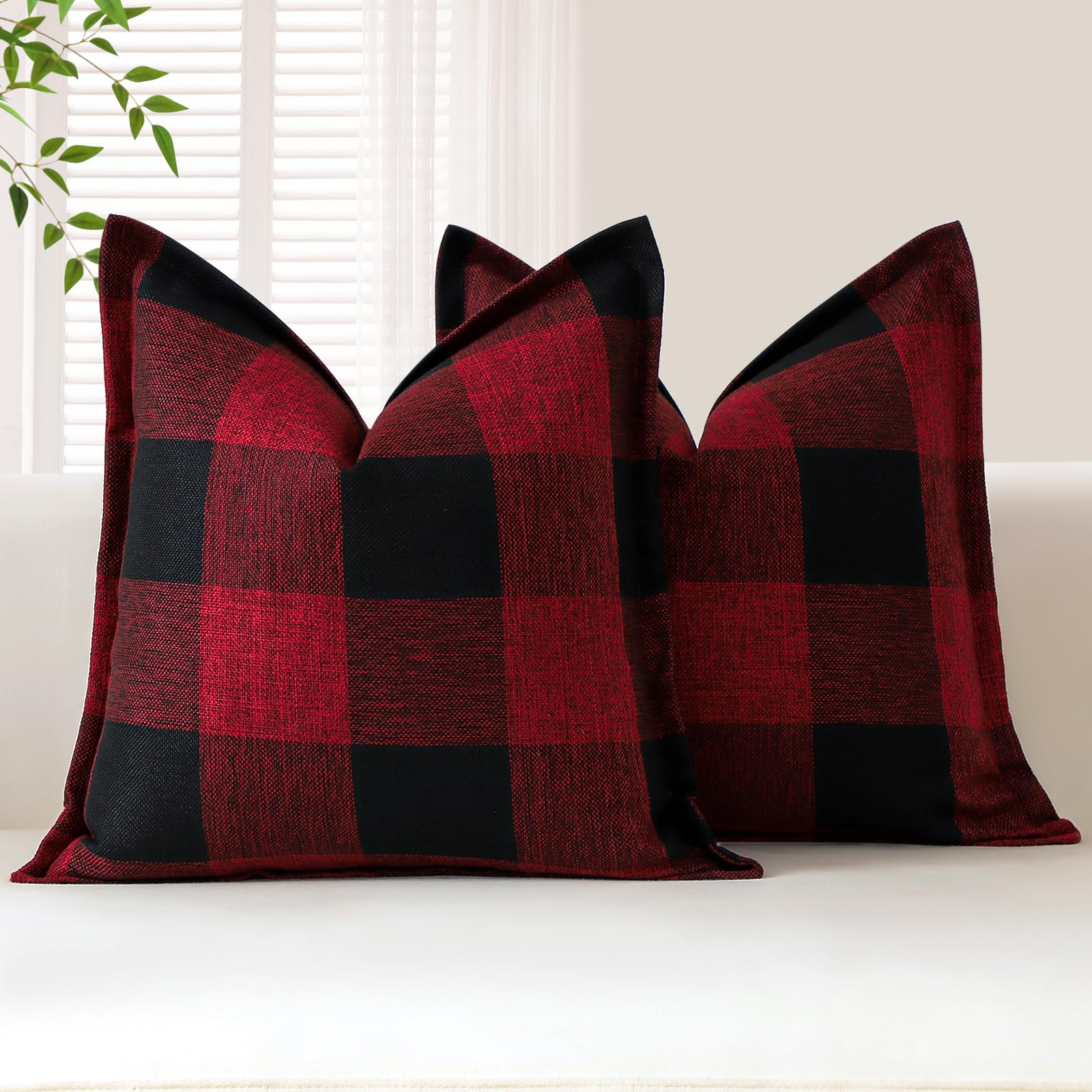 Sungeek Buffalo Check Plaid Cushion Covers 40 x 40 Set of 2 Linen Christmas Tartan Decorative Square Pillow Covers with Stitched Edge for Sofa Couch Bed Living Room 16x16 Inch (Black and Red)
