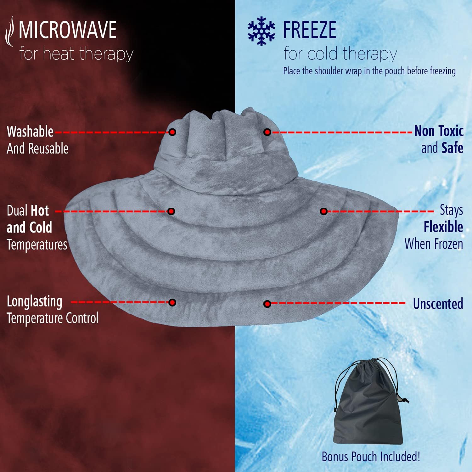 Neck & Shoulder Wrap - Weighted Microwavable Hot & Cold Compress | Moist Heat Heating Pad & Ice Pack for Injuries Reusable Therapy for Instant Pain Relief, Tension, Stress, Upper Back, Swelling (Grey)