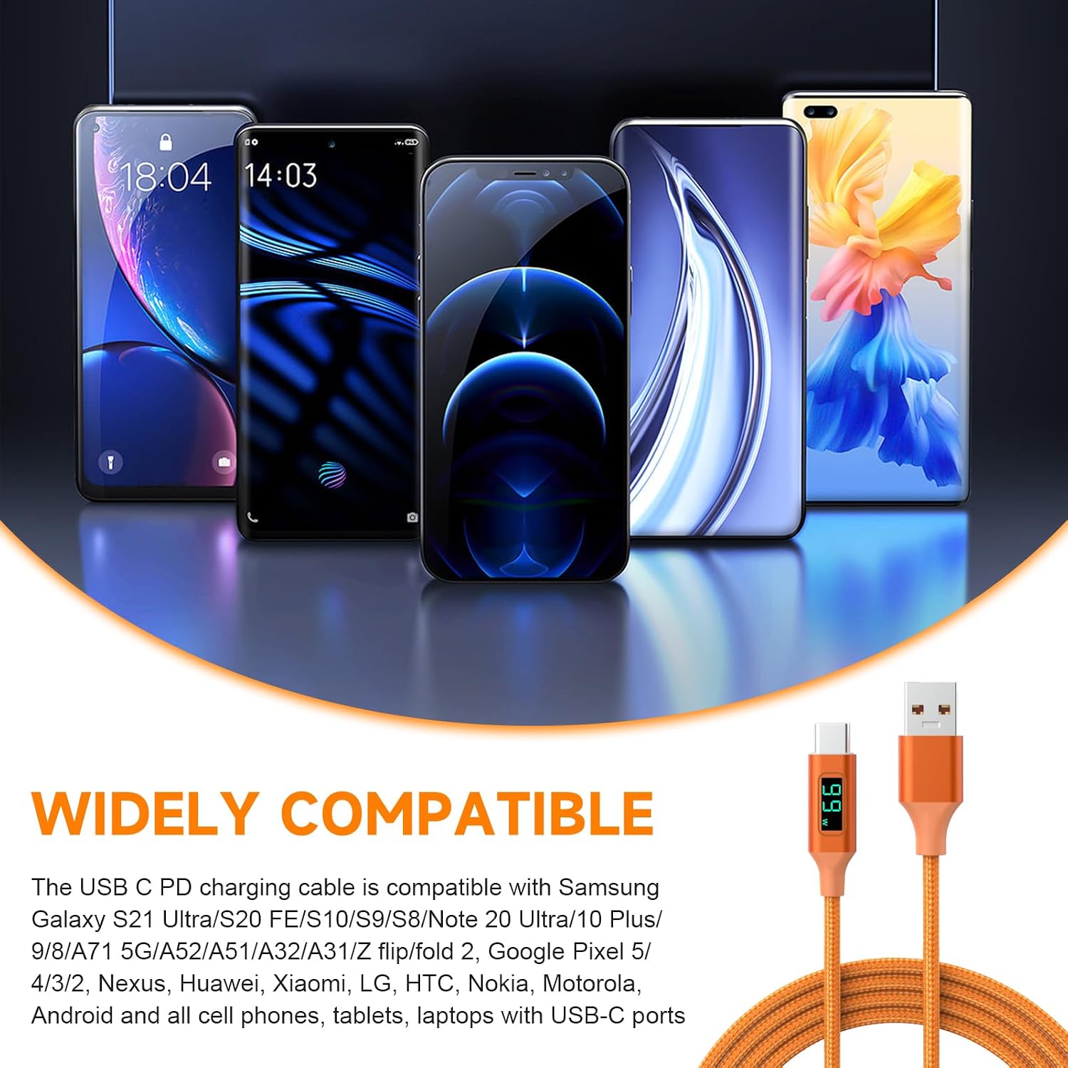 Type-C Cable with LED Display Compatible with iPhone 17/16/15/Plus/Pro/Pro Max, MacBook Air/Pro, iPad Pro/Air/Mini, Galaxy S25/S24/S23/S22 Pixel, USB A to USB C Charging Cable, 3.3ft (Orager) image 2