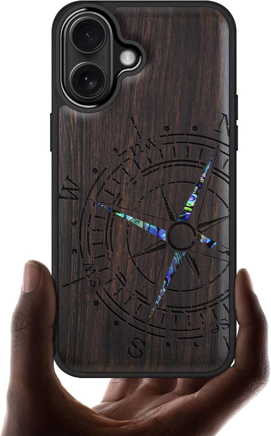 Carveit Magnetic Wooden Case for iPhone 17 Case, Wood Artisan Engraved & Handmade Shell Inlaid, TPU Shockproof Cover, Compatible with MagSafe Wireless Chargers (The Incomplete Compass-Blackwood)