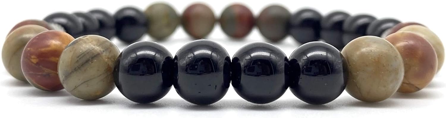 Black Onyx beaded bracelet Picasso Gemstones. Men bracelet Women bracelet Unisex bracelet hand made stretch bracelet