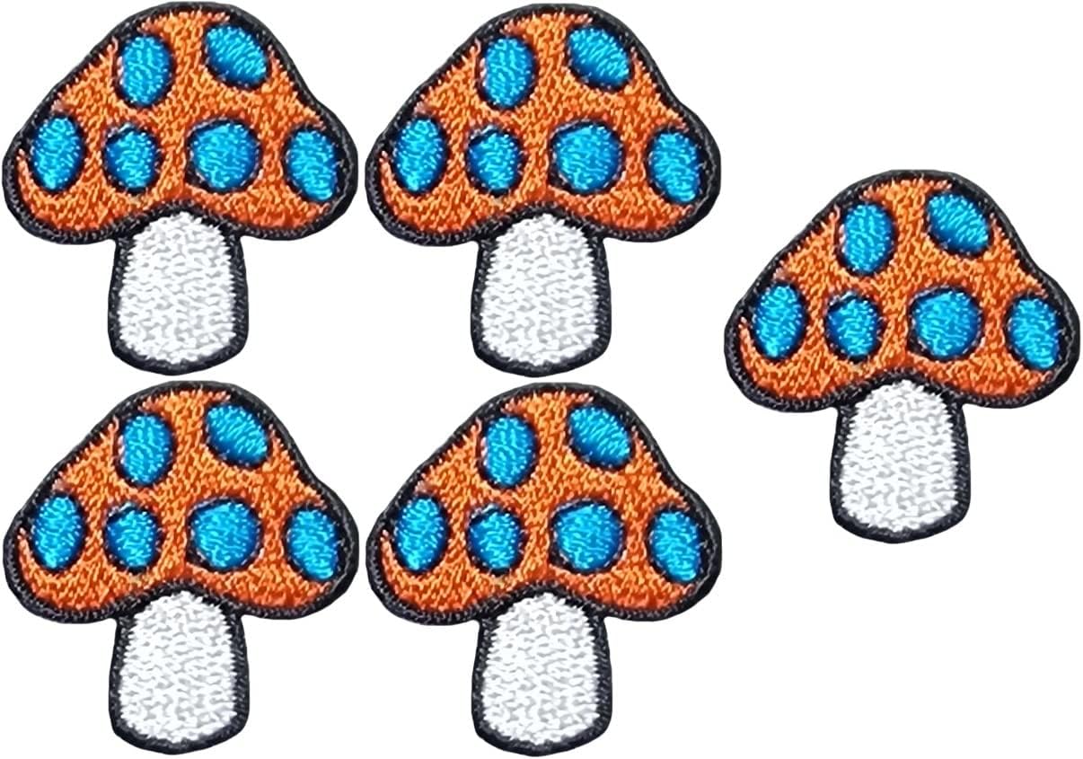 Set 5 of Small Cute Mini Mushroom Shape Tiny Decal Applique Sew Iron on Embroidered Patches - Orange & Blue (MUSH-ORBL04-MINI5)