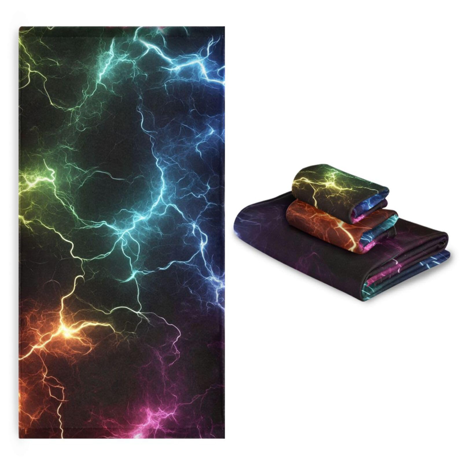 Set di 3 asciugamani da viso in microfibra colorati neri con fulmini, 1 asciugamano da bagno, 1 asciugamano per le mani, 1 panno per la casa, cucina e famiglia