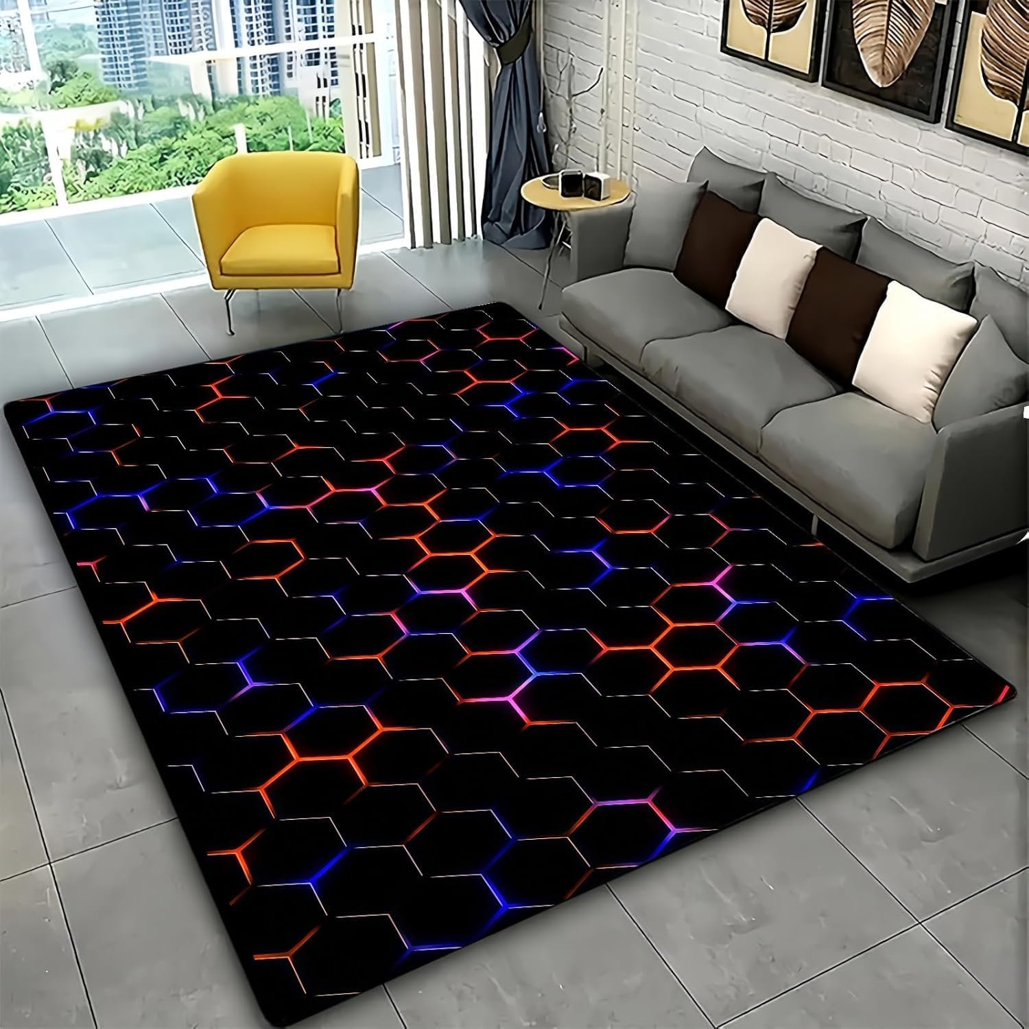 Spielteppich für Jungen Zimmer,3D Visuelles Geometrisches Neon Waben Muster Rutschfeste Flanell Spielmatte,Dekoration für das Computerspielzimmer von Teenagern Kinderzimmer (Black,160x230 cm)