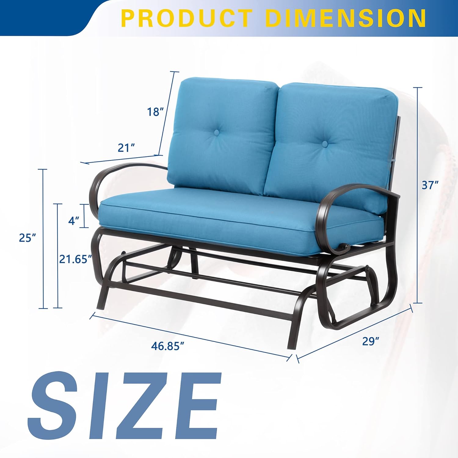 SUNLEI Outdoor Furniture Swing Glider Patio Rocking Glider Garden Loveseat Steel Frame Porch w/Armrest,Water-Resistant Cushions (Blue)