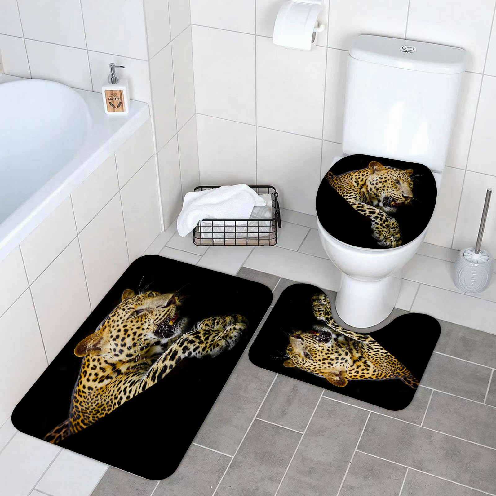 Set di 3 tappetini da Bagno, Lavabili in Lavatrice e Antiscivolo, in Morbida Fibra Superfine, con Stampa Leopardata (3)