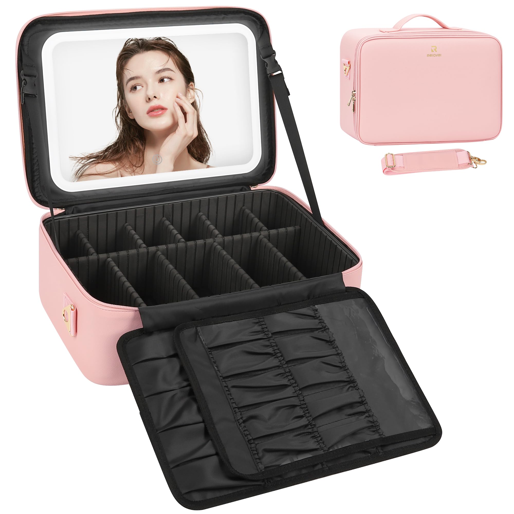 Relavel Makeup Bag with LED Mirror, 16.2 inches Large Professional Makeup Case for Makeup Artists, Travel Portable Cosmetic Organizer Storage Box, Vanity Case with 3 Colors Lighted Mirror, Pink