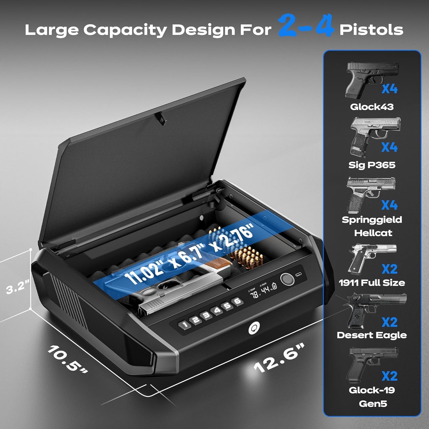 Caja fuerte para armas con pantalla LCD, acceso rápido, huella dactilar, teclado, llave