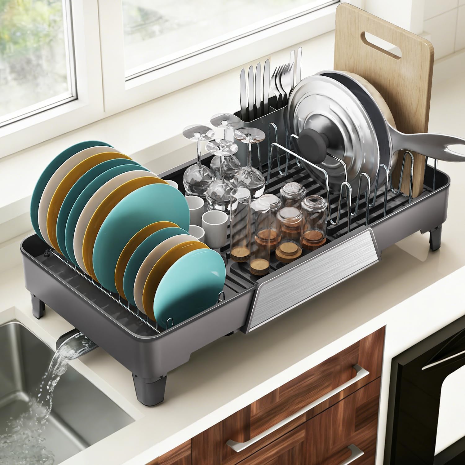 Large Expandable Dish Drying Rack, Dish Racks for Kitchen Counter, Space Saving & Rust Resistant Dish Drainer with Removable Drainboard & Utensil Holder, Adjustable Length 16.4 to 24.4 Inches