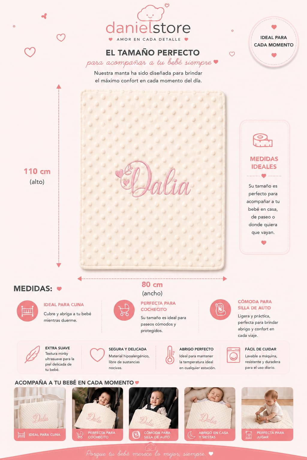 Danielstore-Manta Bebé Personalizada con Nombre Bordado – Mantita Coralina Ultrasuave 80x110 cm – Manta para Cuna, Carrito y Moisés – Cálida y Transpirable – Regalo para Recién Nacido y Baby Shower