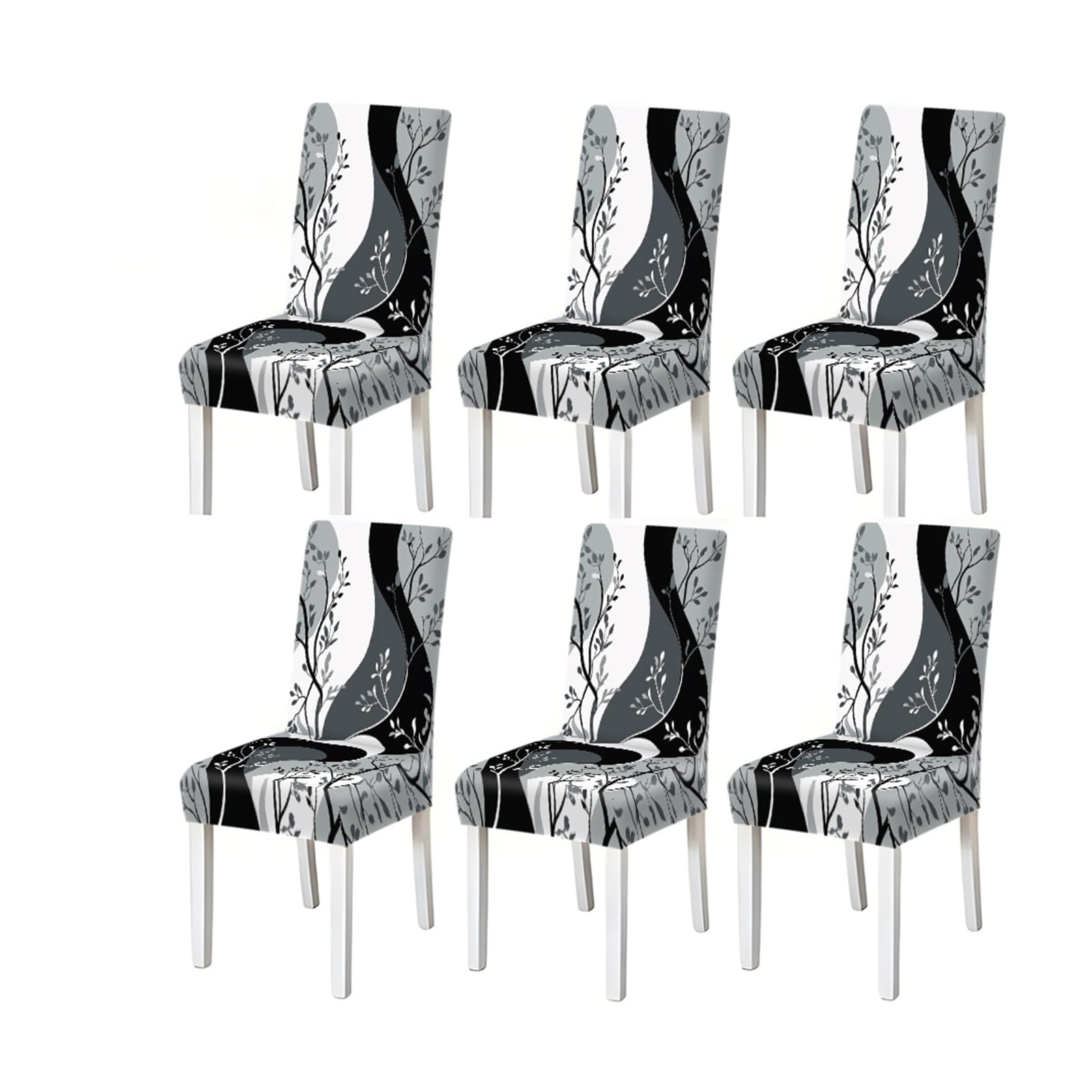 BOSUYBN Black White Gray Branch Pattern Print Dining Chair Covers Set Of 2/4/6, Stretch Slipcovers For Kitchen Dining Room Furniture Protectors for Home Dining Room(6PCSChair cover)