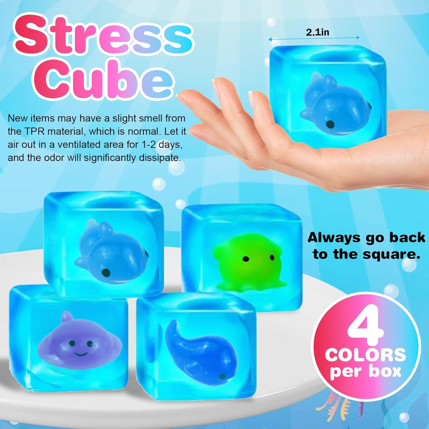 4 Pcs Blue Squeeze Cube with Luminous Marine Life Inside，Squishy Stress Fidget Gummy Toys ，Glow in The Dark Sea Animal Maltose Sensory Toy for Kids Autism , Stress Balls for Anxiety Stress Relief